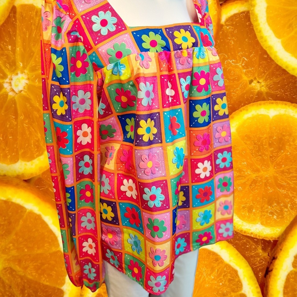 Vibrant Floral Patchwork Square Neck Long Sleeve Blouse Top‎ Colorful Retro